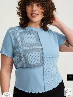 Torrid NEW Plus Size 2x: Light Blue Patchwork Short Sleeve Knit Tee